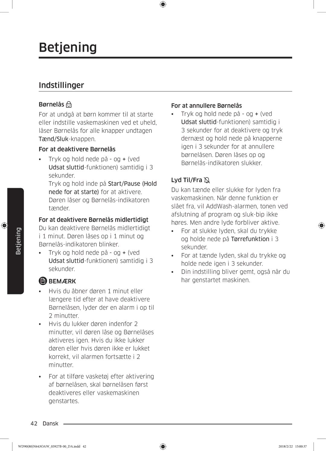 Samsung WD90N643OAW/EE manual Indstillinger 