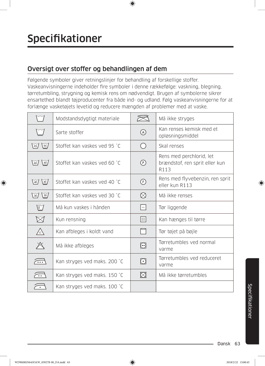 Samsung WD90N643OAW/EE manual Specifikationer, Oversigt over stoffer og behandlingen af dem 