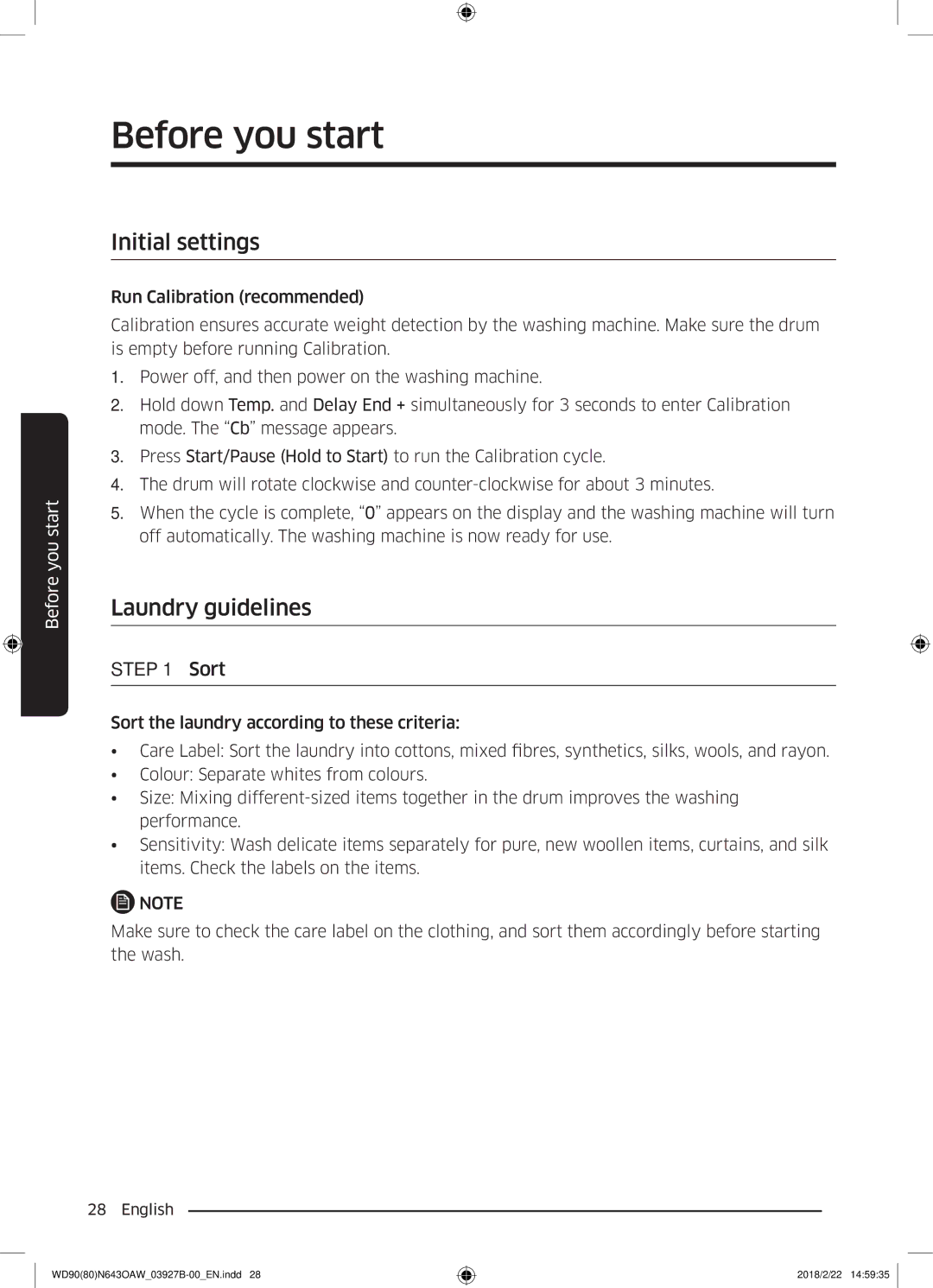 Samsung WD90N643OAW/EE manual Before you start, Initial settings, Laundry guidelines, Sort 