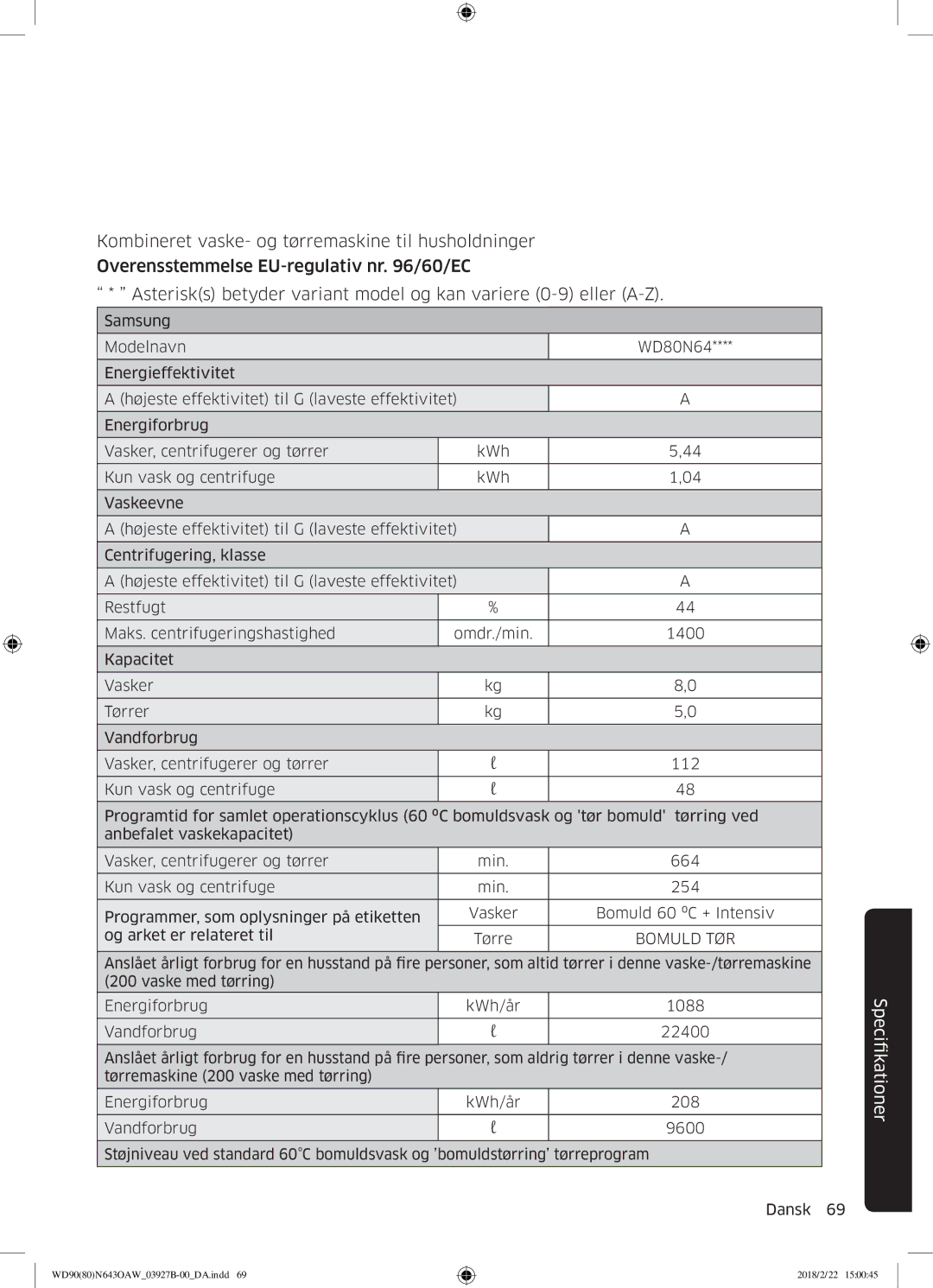 Samsung WD90N643OAW/EE manual FikationerSpci 