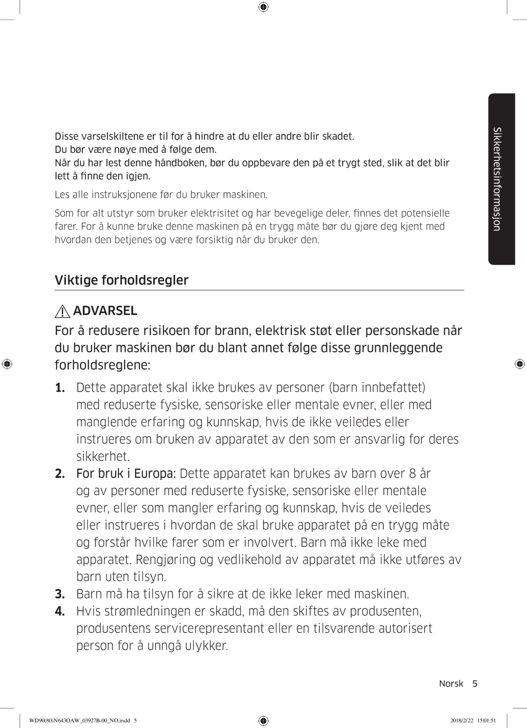 Samsung WD90N643OAW/EE manual Sikkerhetsinformasjon 