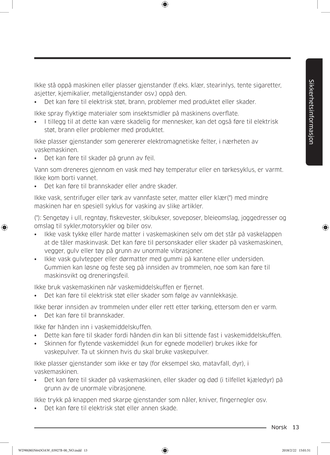 Samsung WD90N643OAW/EE manual Sikkerhetsinformasjon 