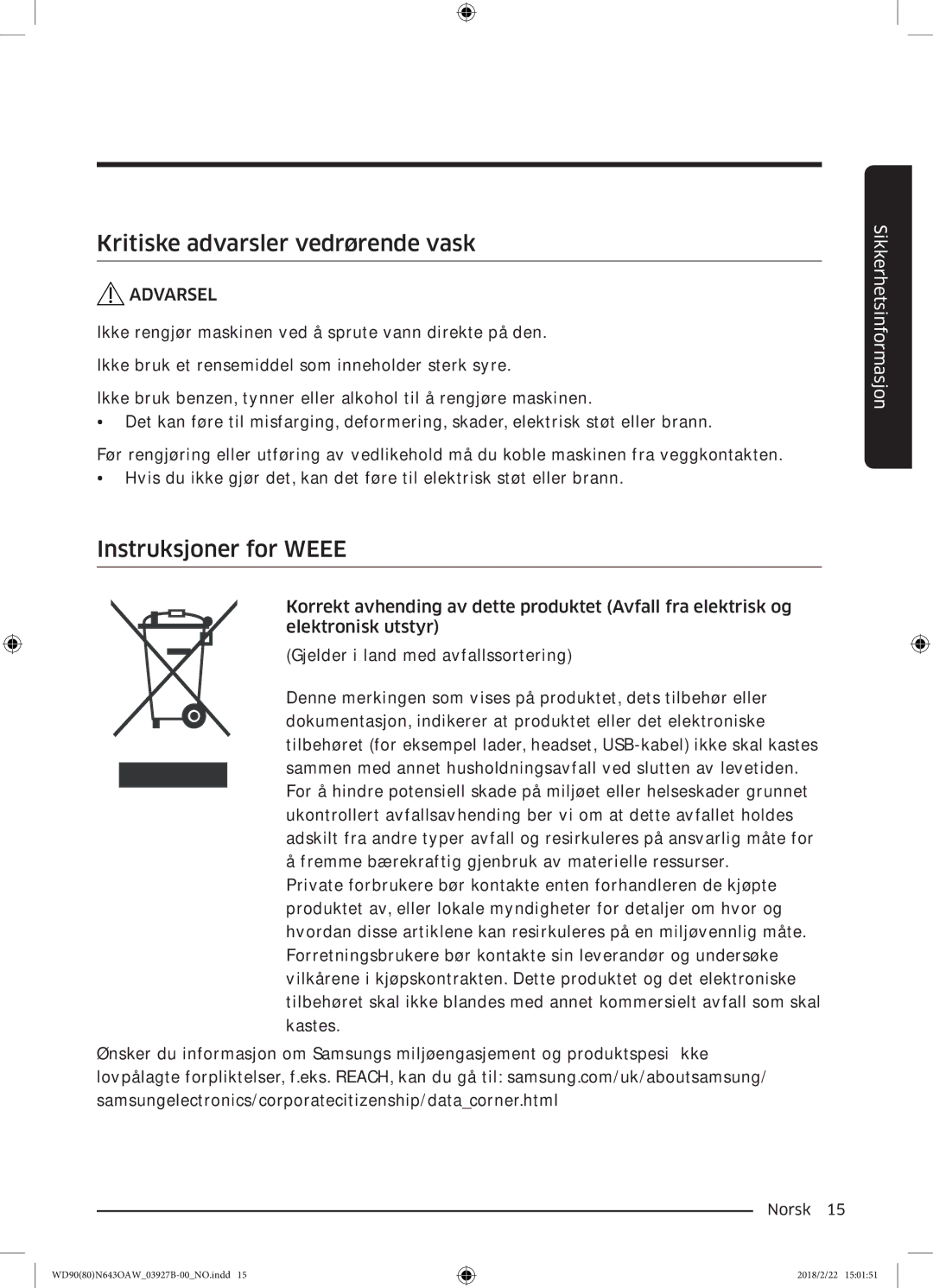 Samsung WD90N643OAW/EE manual Kritiske advarsler vedrørende vask, Instruksjoner for Weee 