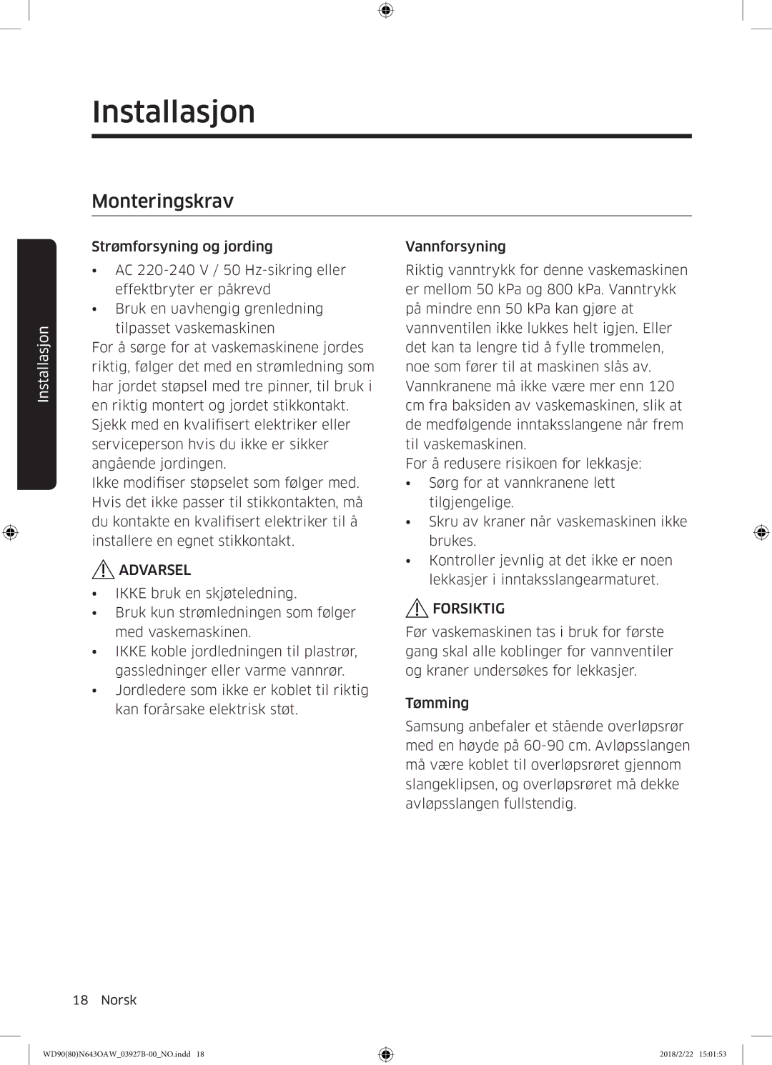 Samsung WD90N643OAW/EE manual Monteringskrav 