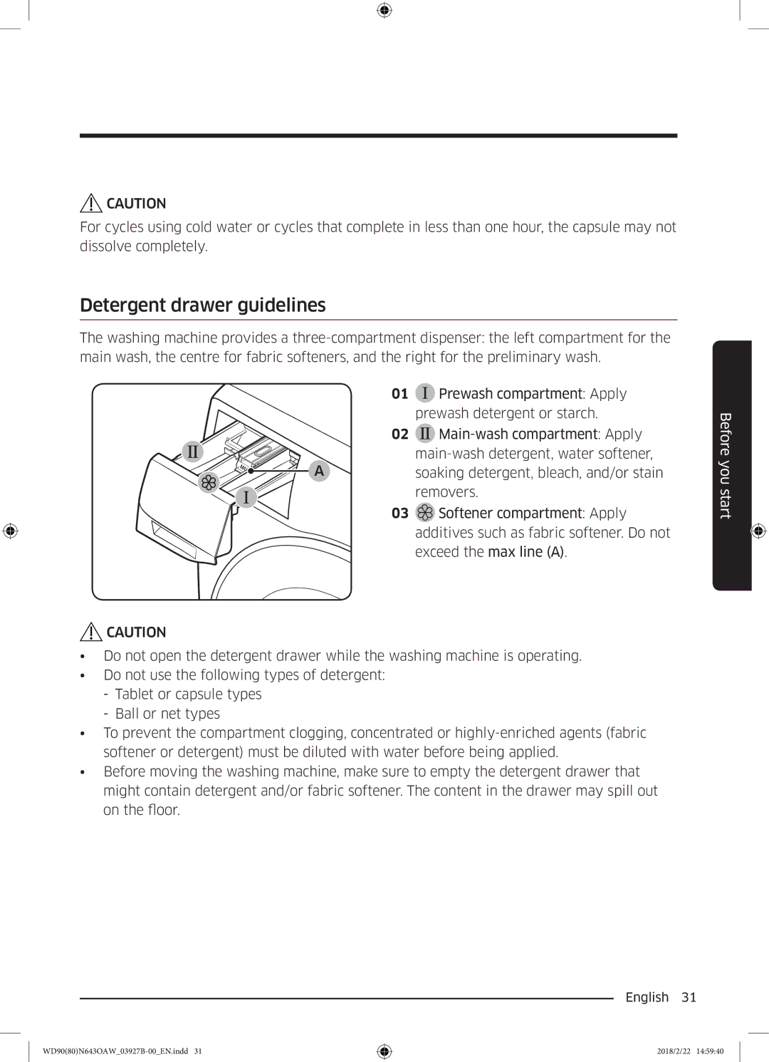 Samsung WD90N643OAW/EE manual Detergent drawer guidelines 