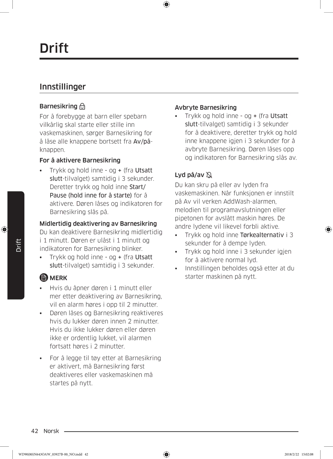 Samsung WD90N643OAW/EE manual Innstillinger 