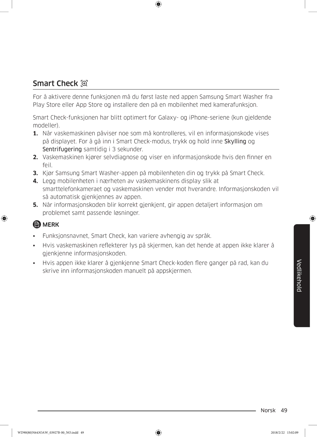 Samsung WD90N643OAW/EE manual Smart Check 