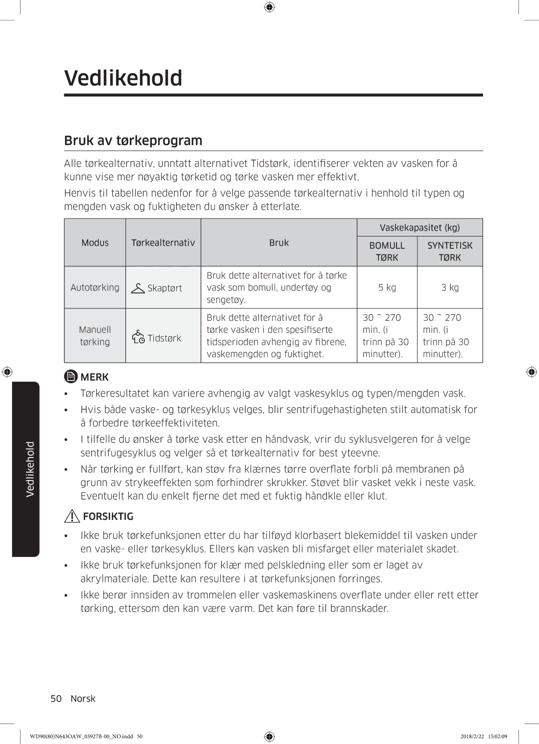 Samsung WD90N643OAW/EE manual Bruk av tørkeprogram 