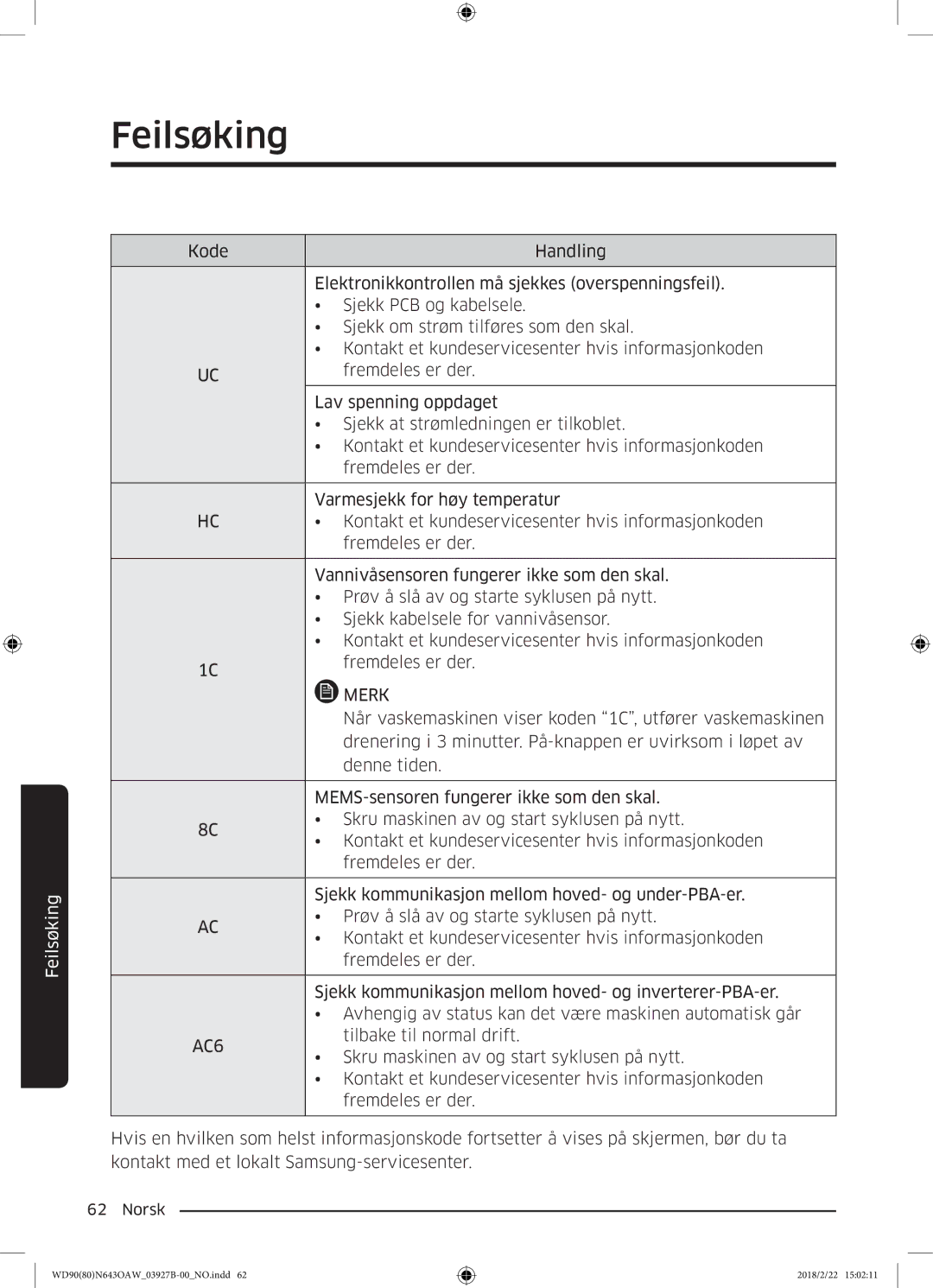 Samsung WD90N643OAW/EE manual Når vaskemaskinen viser koden 1C, utfører vaskemaskinen 