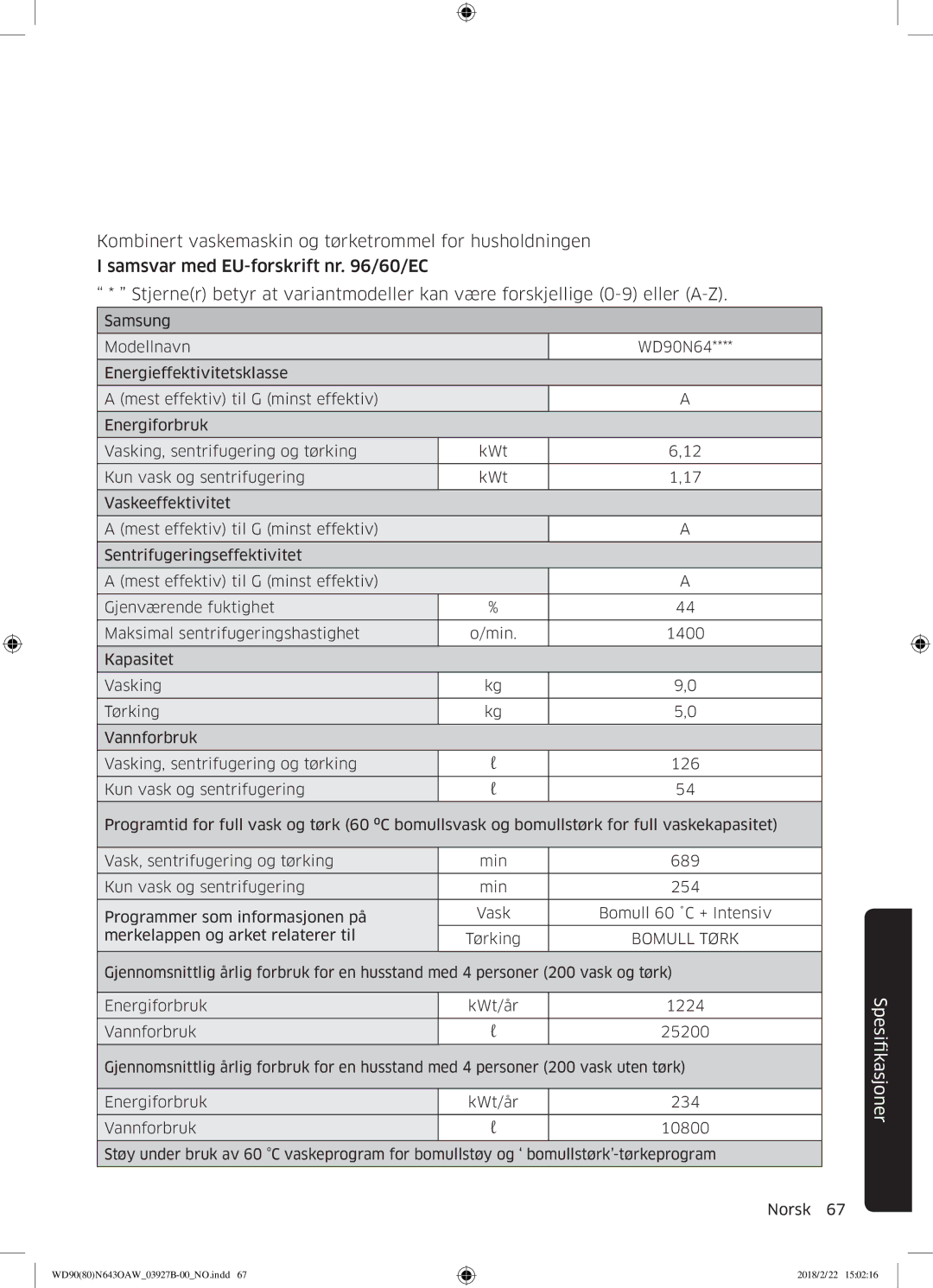 Samsung WD90N643OAW/EE manual Bomull Tørk 