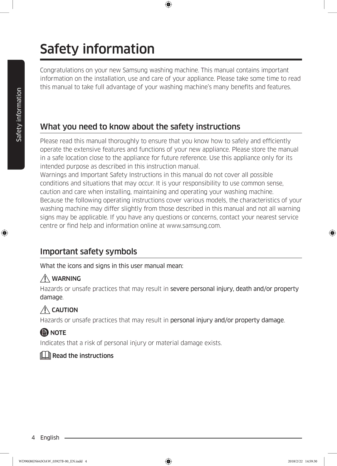 Samsung WD90N643OAW/EE manual Safety information 