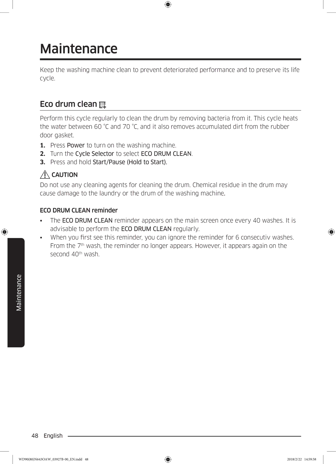 Samsung WD90N643OAW/EE manual Maintenance, Eco drum clean 