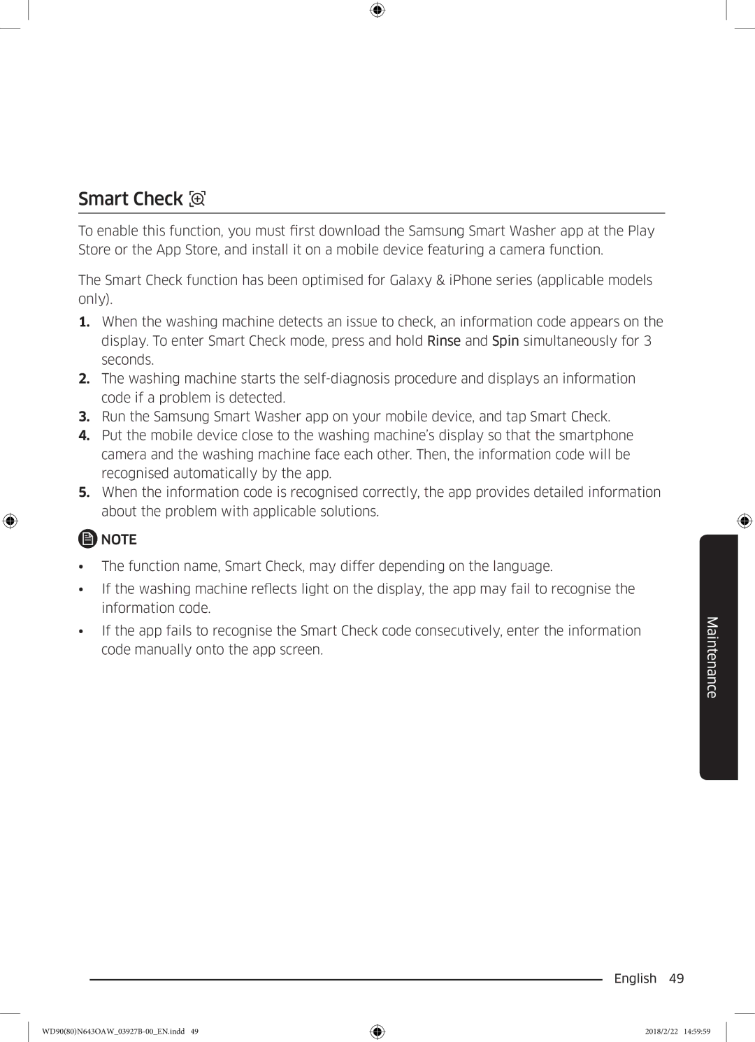 Samsung WD90N643OAW/EE manual Smart Check 