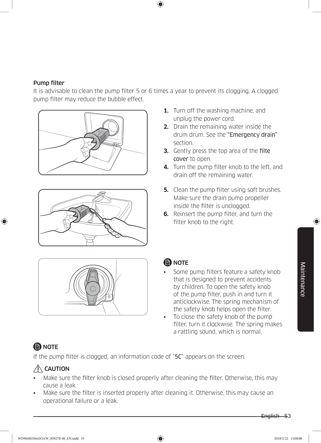 Samsung WD90N643OAW/EE manual Maintenance 