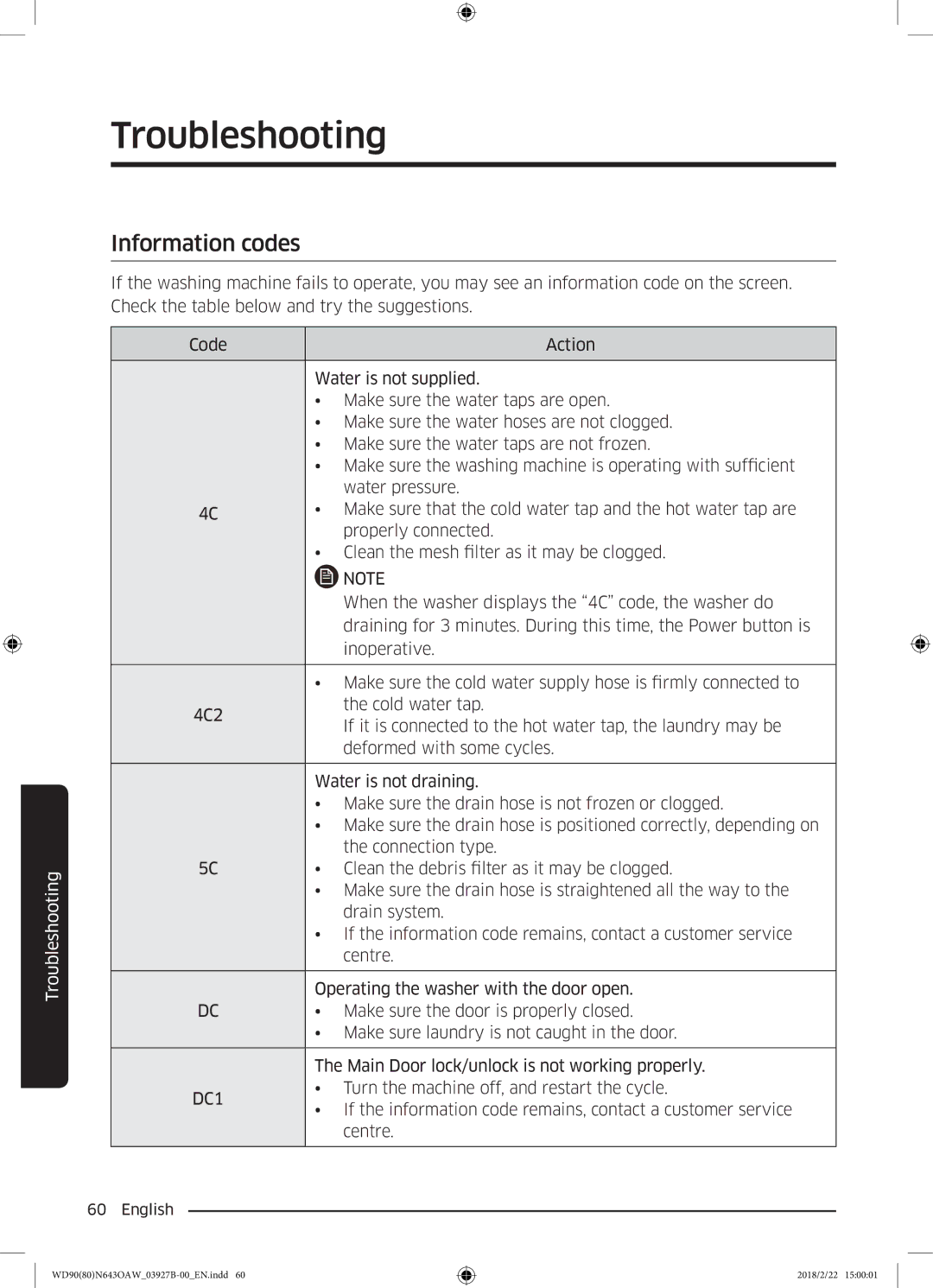 Samsung WD90N643OAW/EE manual Information codes, DC1 