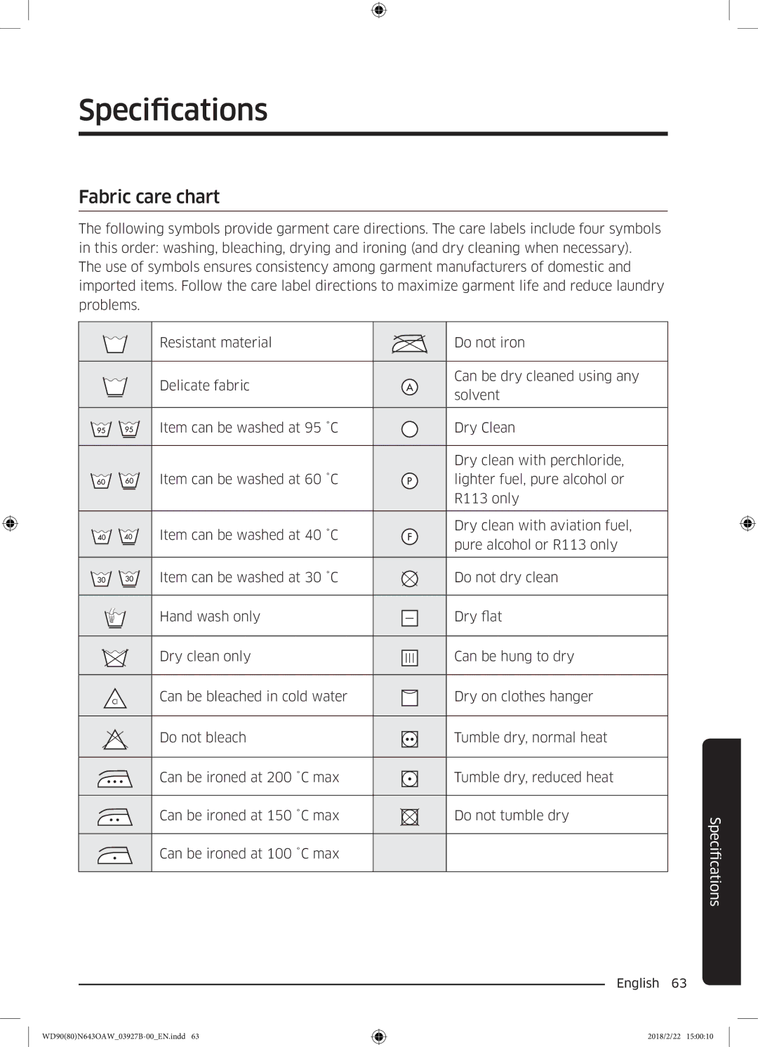 Samsung WD90N643OAW/EE manual Specifications, Fabric care chart 