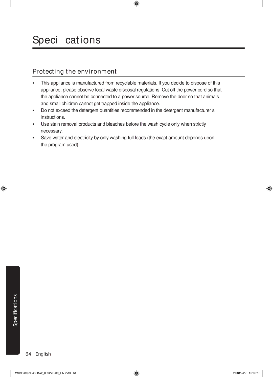 Samsung WD90N643OAW/EE manual Protecting the environment 