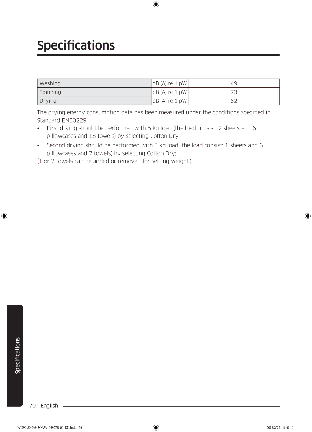 Samsung WD90N643OAW/EE manual Specifications 