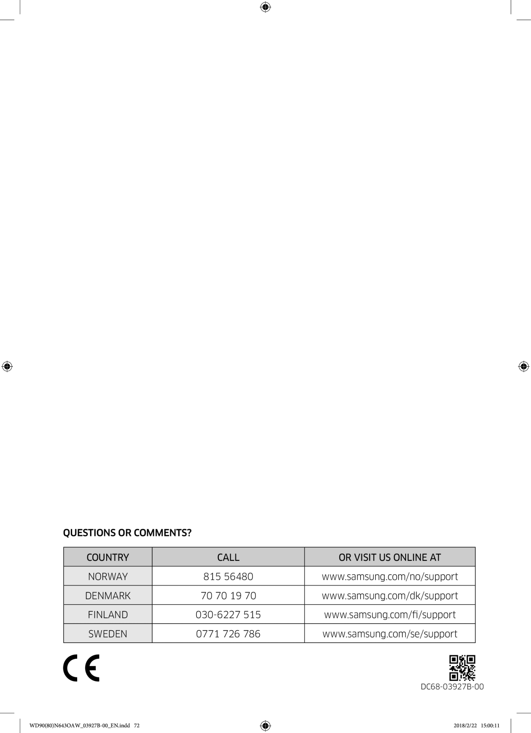 Samsung WD90N643OAW/EE manual Questions or COMMENTS? Country Call Or Visit US Online AT 