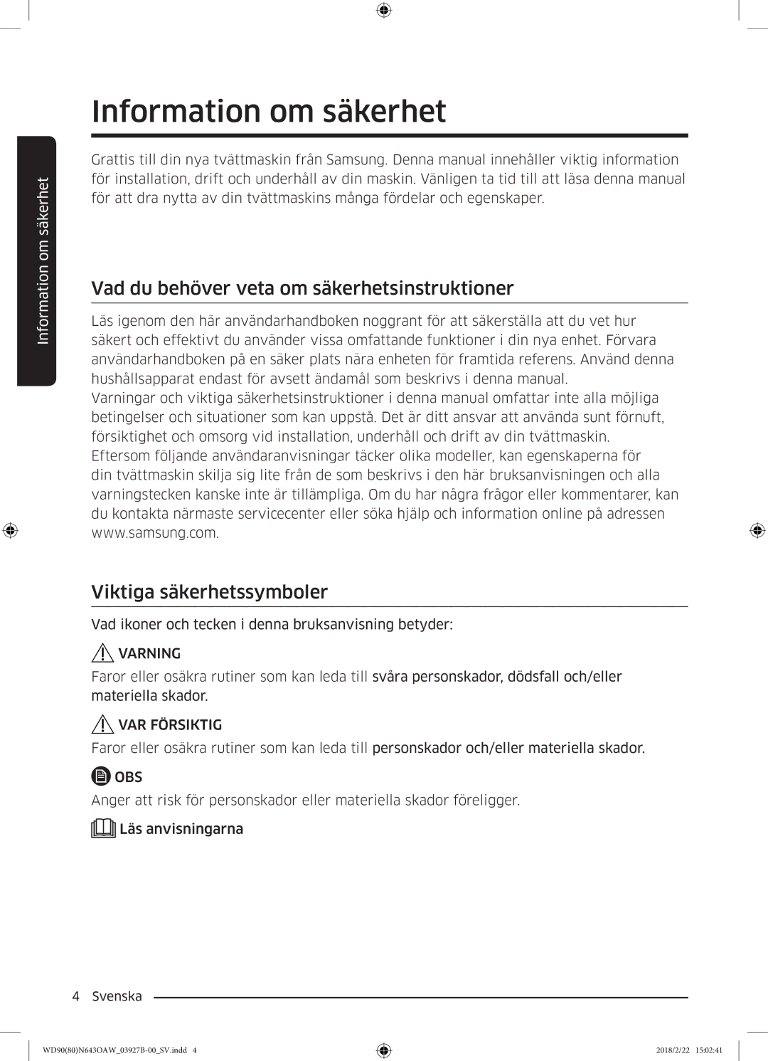 Samsung WD90N643OAW/EE Information om säkerhet, Vad du behöver veta om säkerhetsinstruktioner, Viktiga säkerhetssymboler 