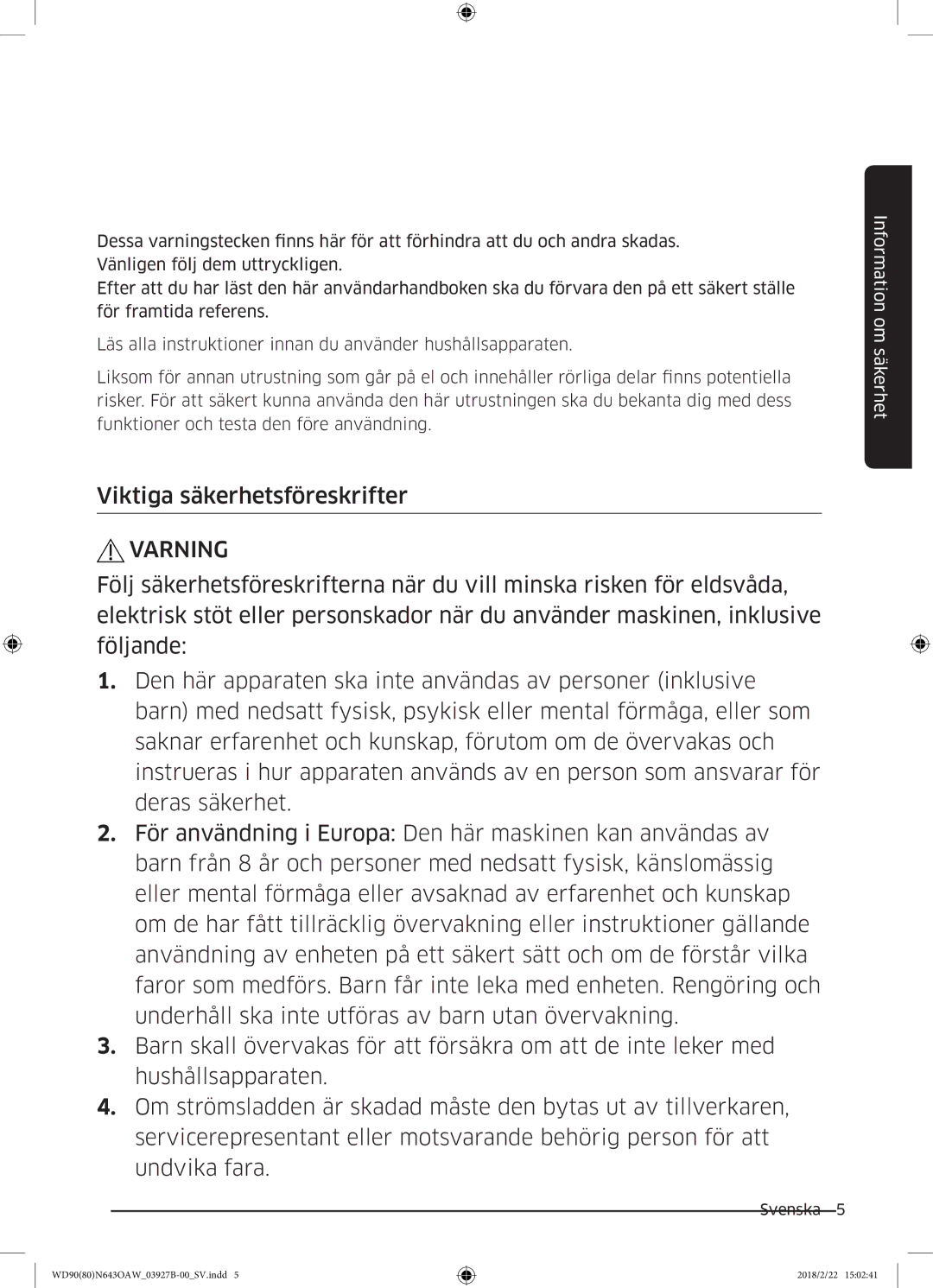 Samsung WD90N643OAW/EE manual Viktiga säkerhetsföreskrifter, Varning 