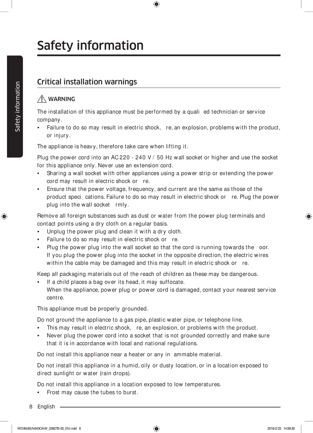 Samsung WD90N643OAW/EE manual Critical installation warnings 