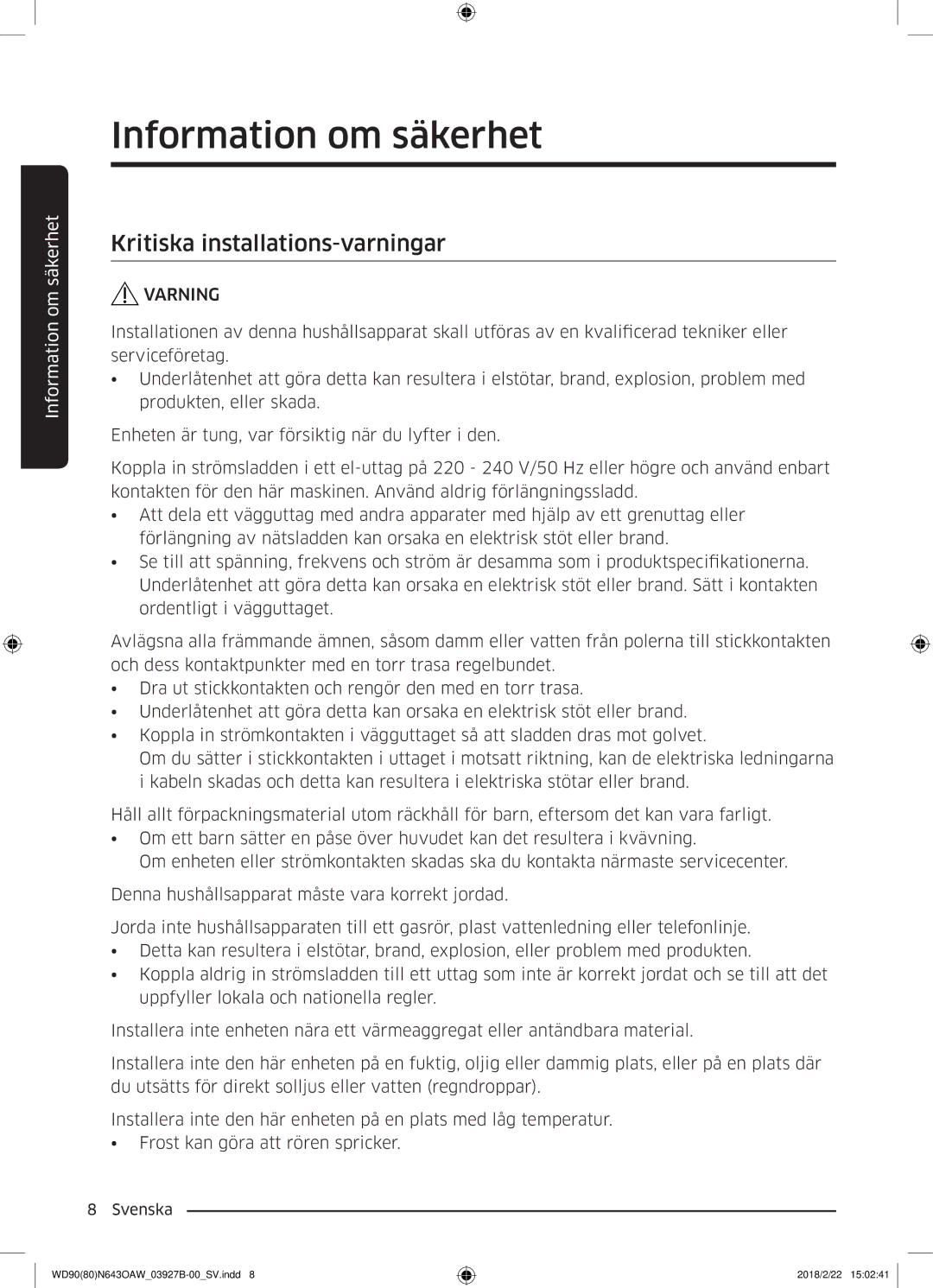 Samsung WD90N643OAW/EE manual Kritiska installations-varningar 