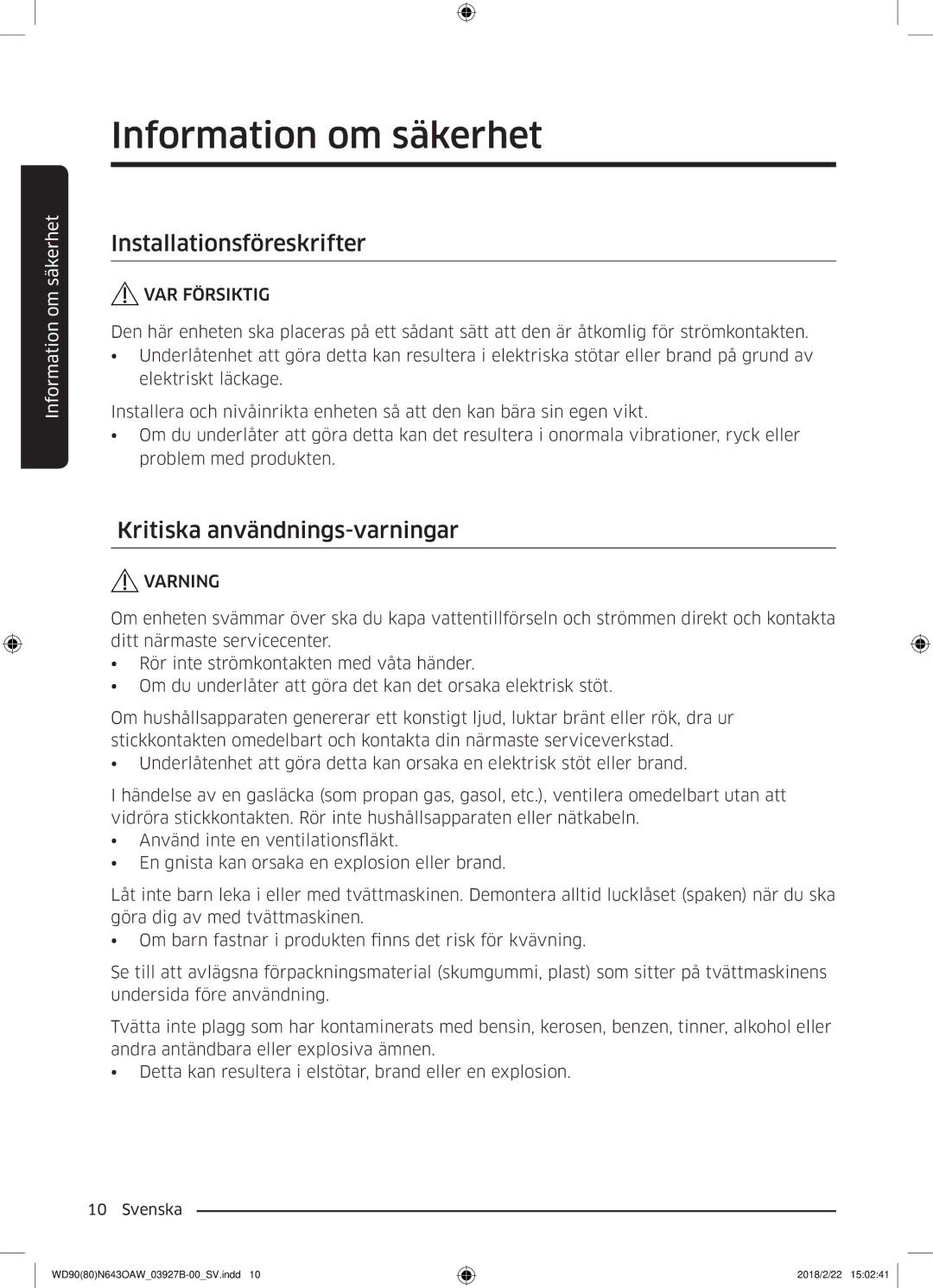 Samsung WD90N643OAW/EE manual Installationsföreskrifter, Kritiska användnings-varningar 