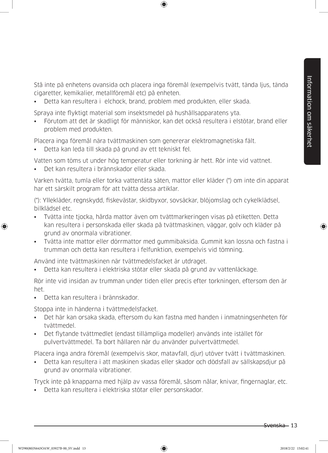 Samsung WD90N643OAW/EE manual Information om säkerhet 