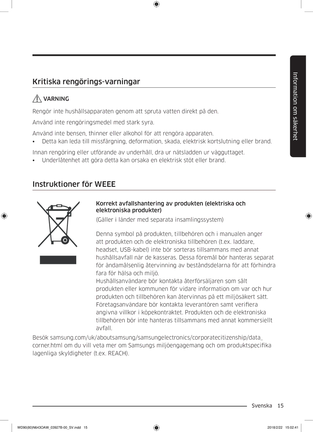 Samsung WD90N643OAW/EE manual Kritiska rengörings-varningar, Instruktioner för Weee 