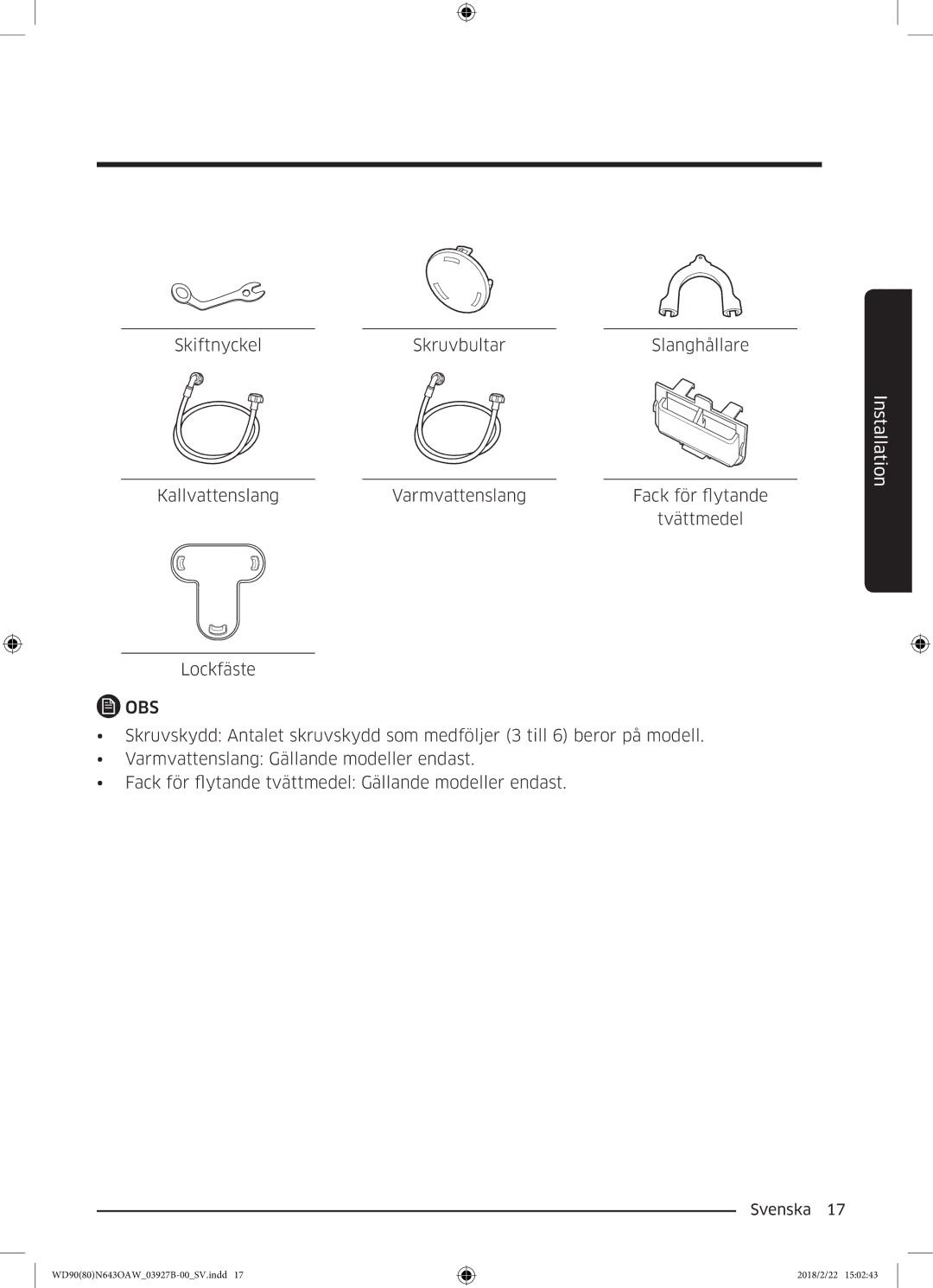 Samsung WD90N643OAW/EE manual Obs 