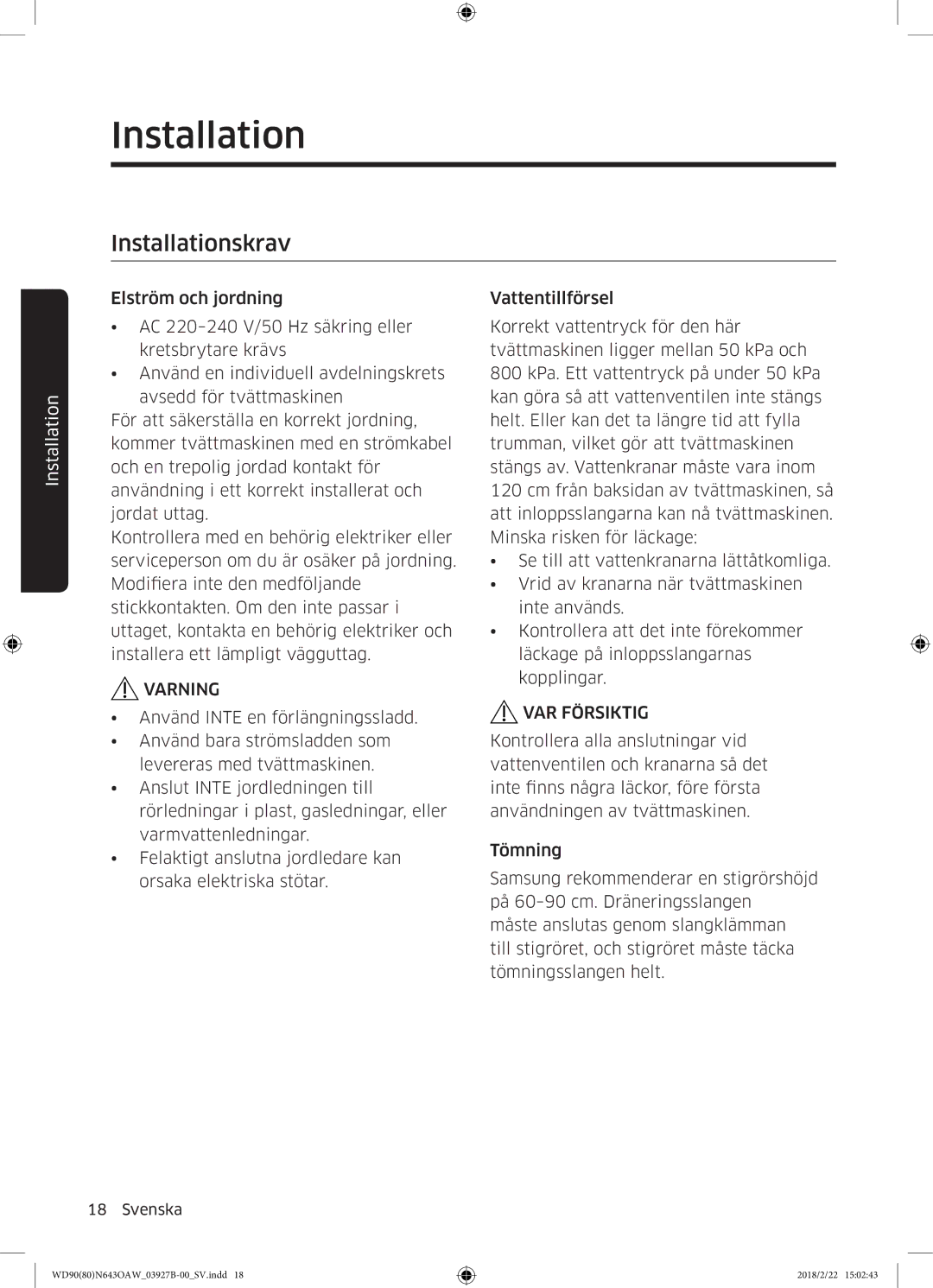 Samsung WD90N643OAW/EE manual Installationskrav 