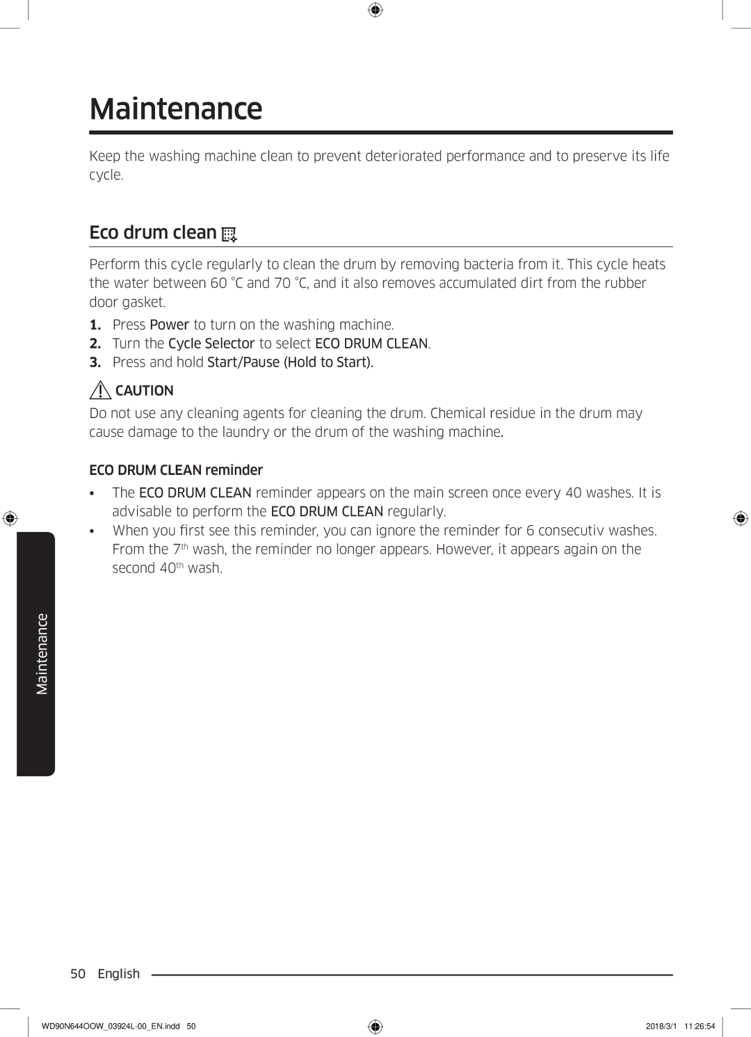 Samsung WD90N644OOW/LE manual Maintenance, Eco drum clean 