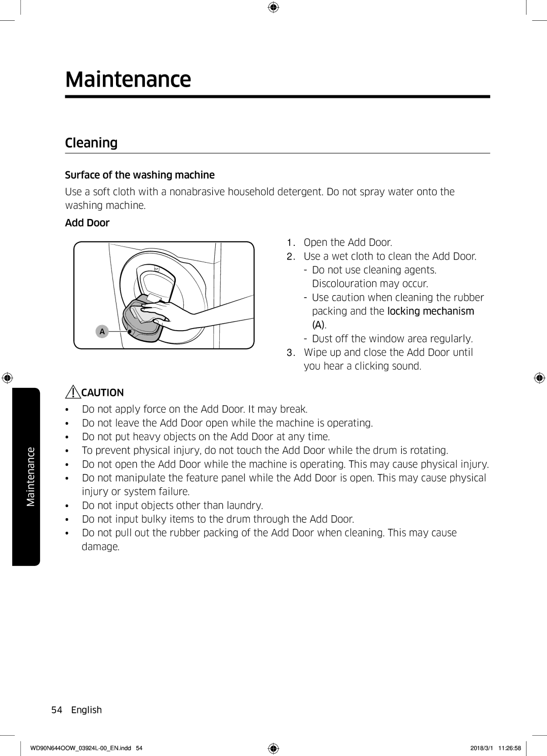 Samsung WD90N644OOW/LE manual Cleaning 