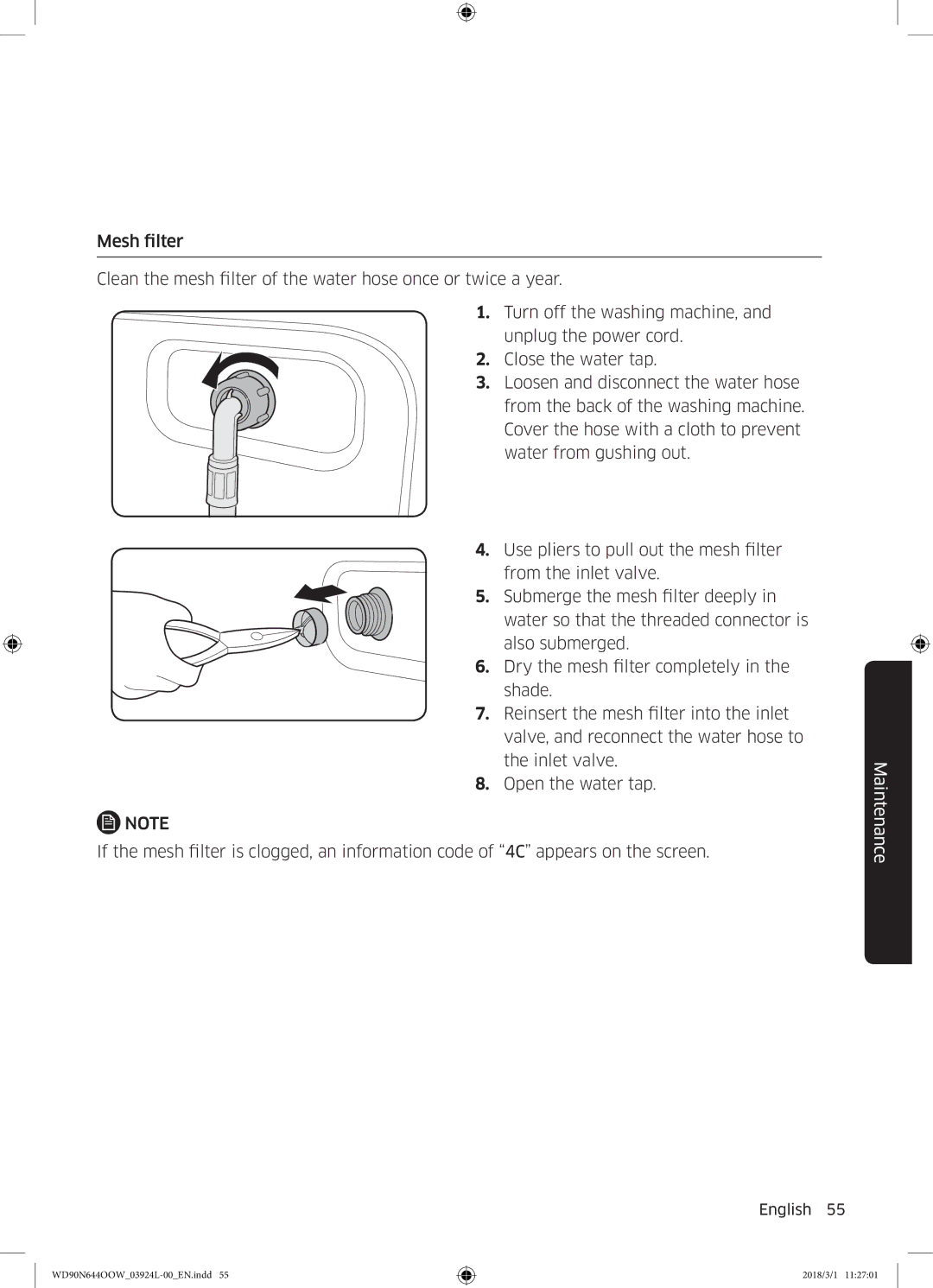 Samsung WD90N644OOW/LE manual Maintenance 