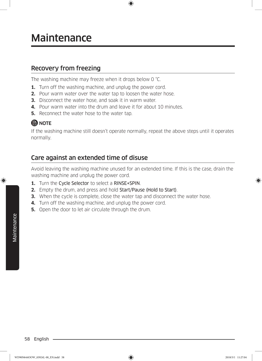 Samsung WD90N644OOW/LE manual Recovery from freezing, Care against an extended time of disuse 