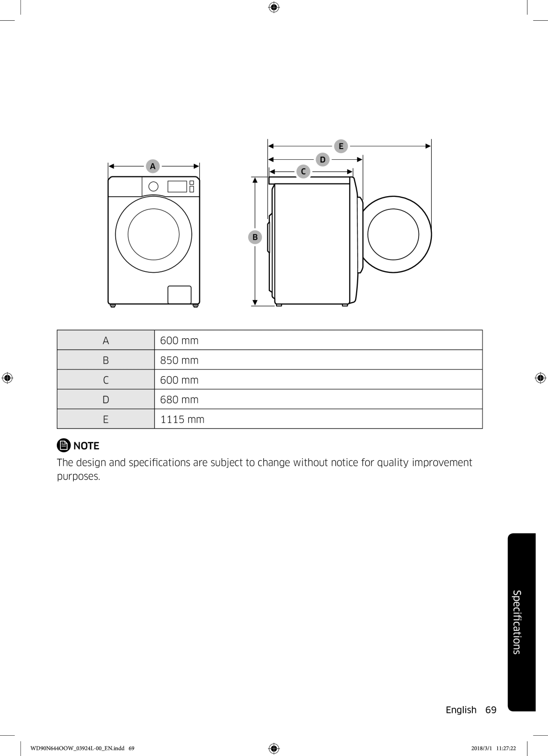 Samsung WD90N644OOW/LE manual FicationsSpeci 