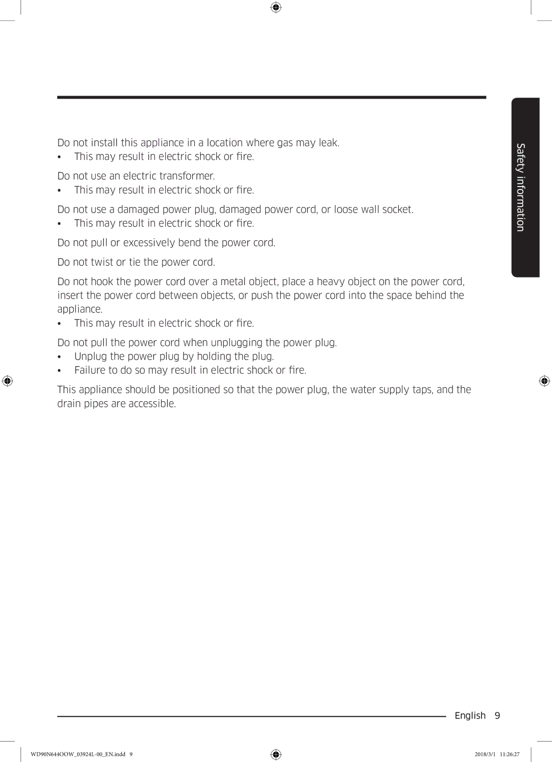 Samsung WD90N644OOW/LE manual Safety information 