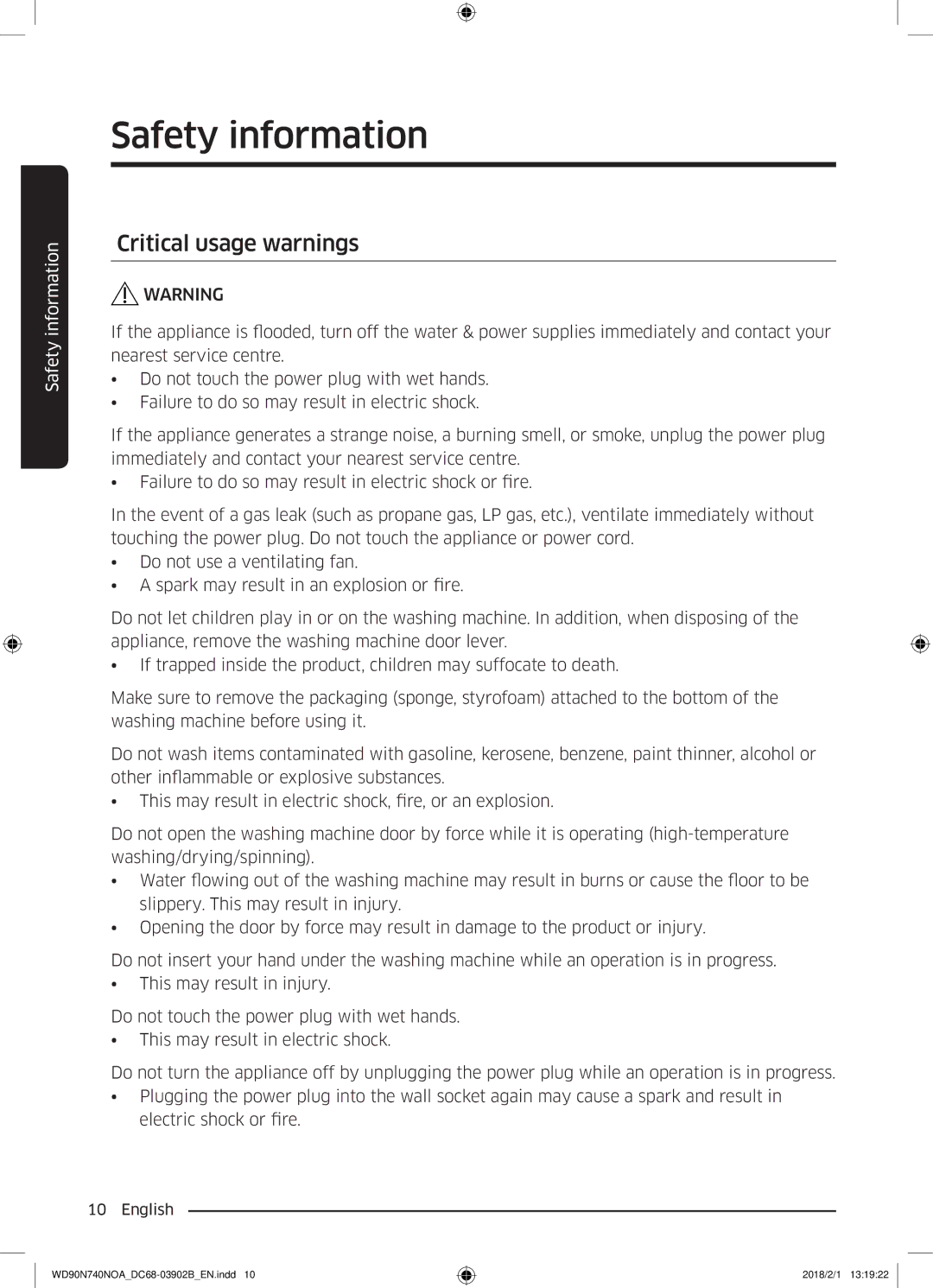 Samsung WD90N740NOA/EE manual Critical usage warnings 