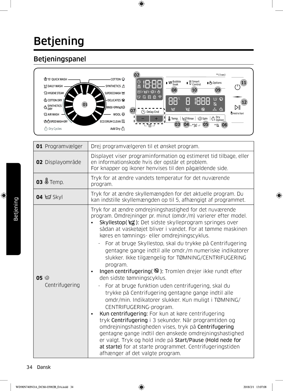 Samsung WD90N740NOA/EE manual Betjeningspanel 