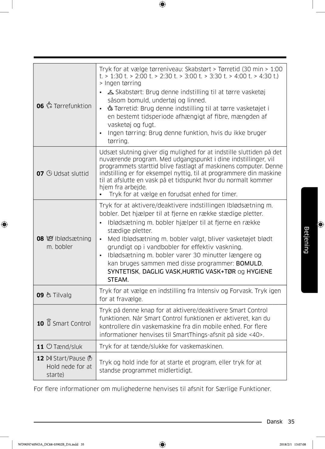 Samsung WD90N740NOA/EE manual Betjening 