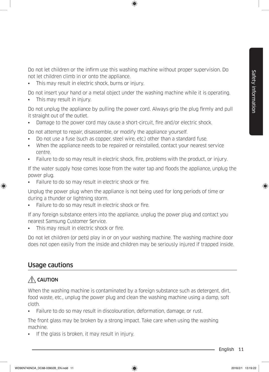 Samsung WD90N740NOA/EE manual Usage cautions 