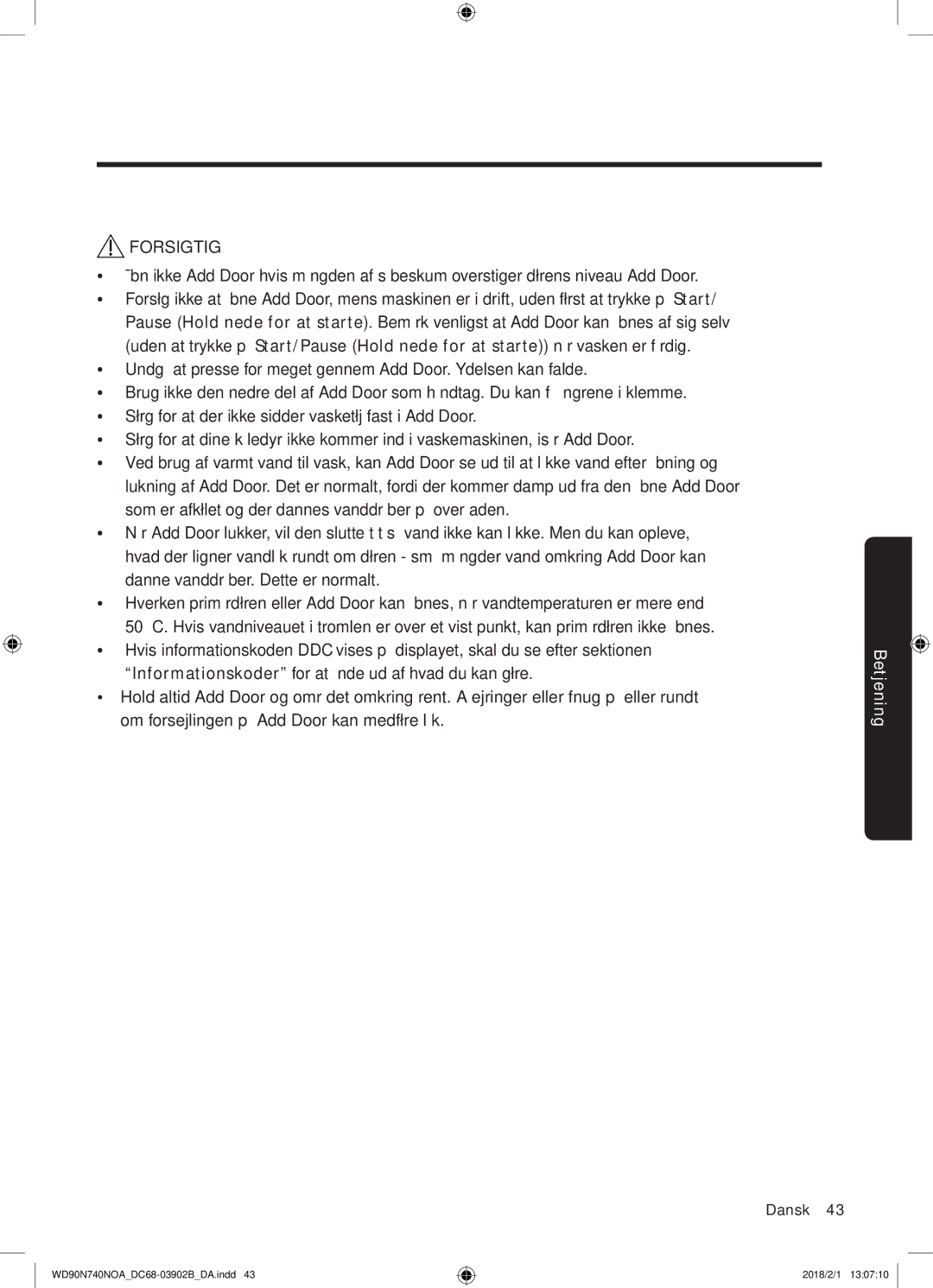 Samsung WD90N740NOA/EE manual Forsigtig 