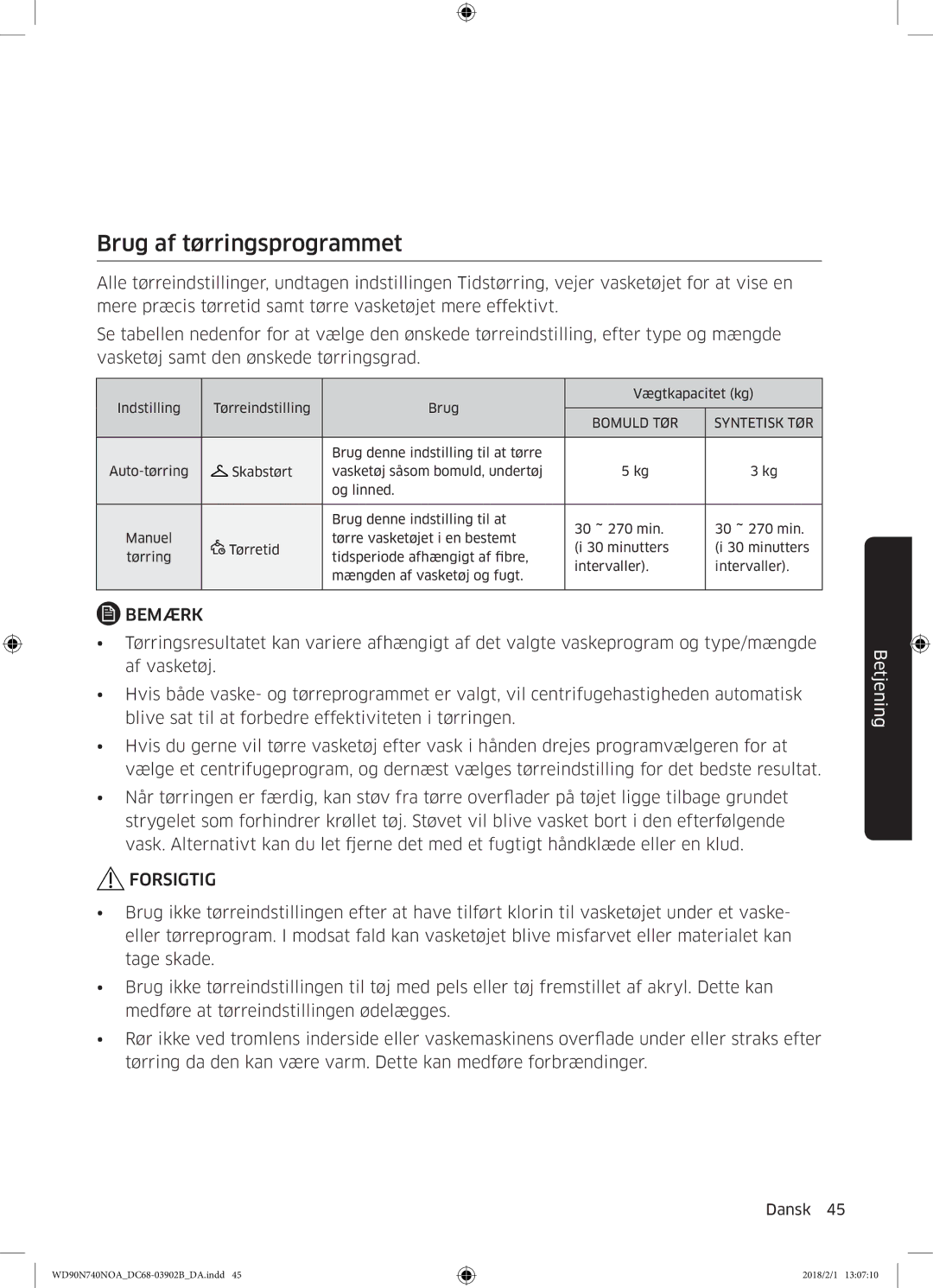 Samsung WD90N740NOA/EE manual Brug af tørringsprogrammet, Bomuld TØR Syntetisk TØR 