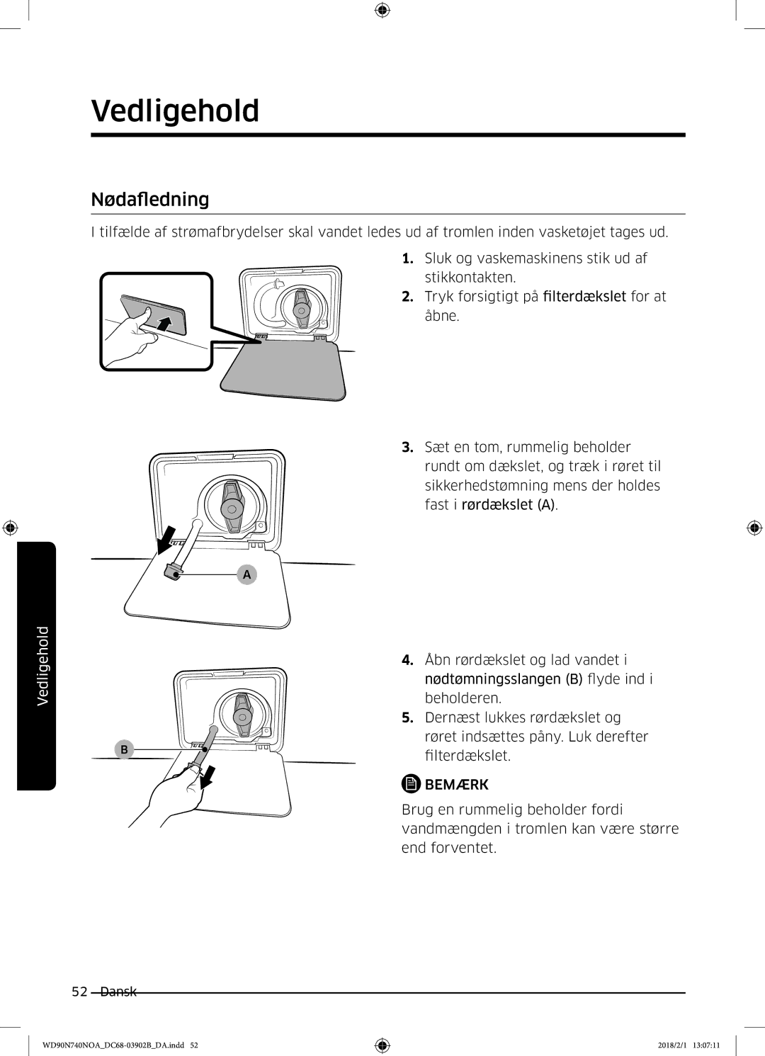 Samsung WD90N740NOA/EE manual Nødafledning 