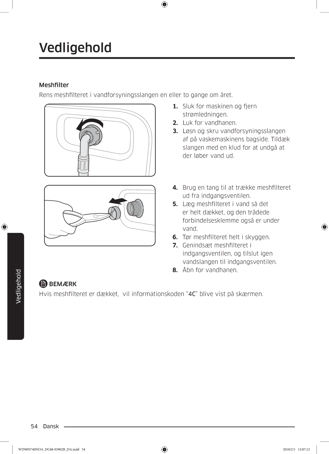 Samsung WD90N740NOA/EE manual Vedligehold 