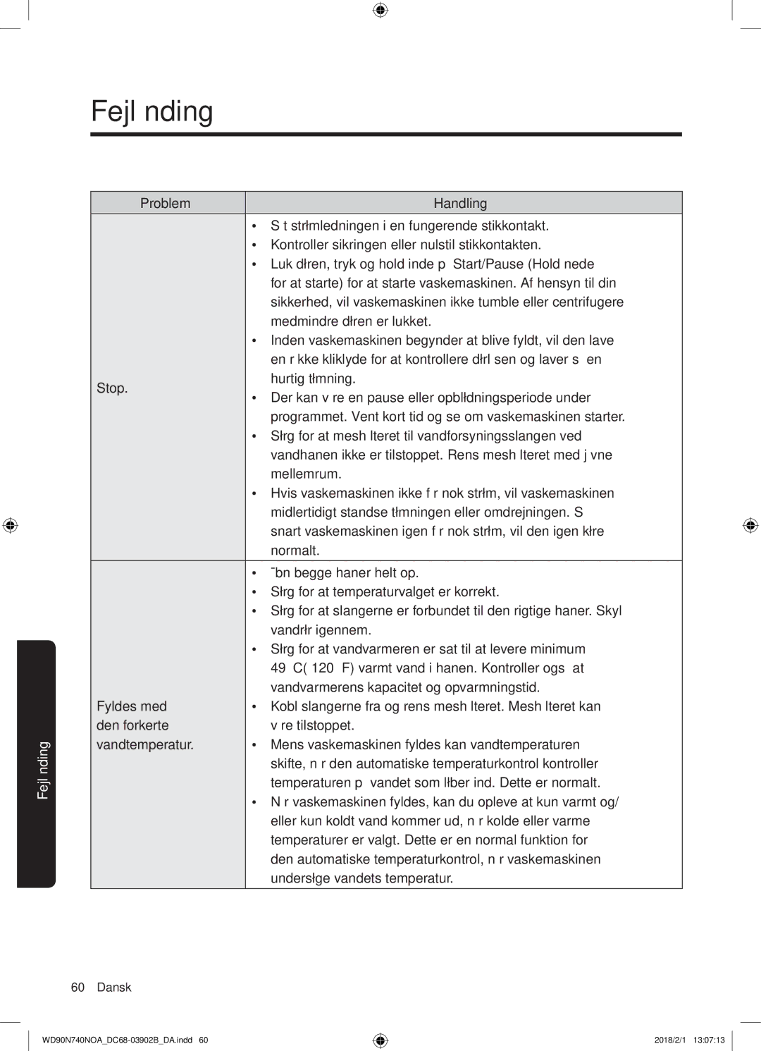 Samsung WD90N740NOA/EE manual Fejlfinding 