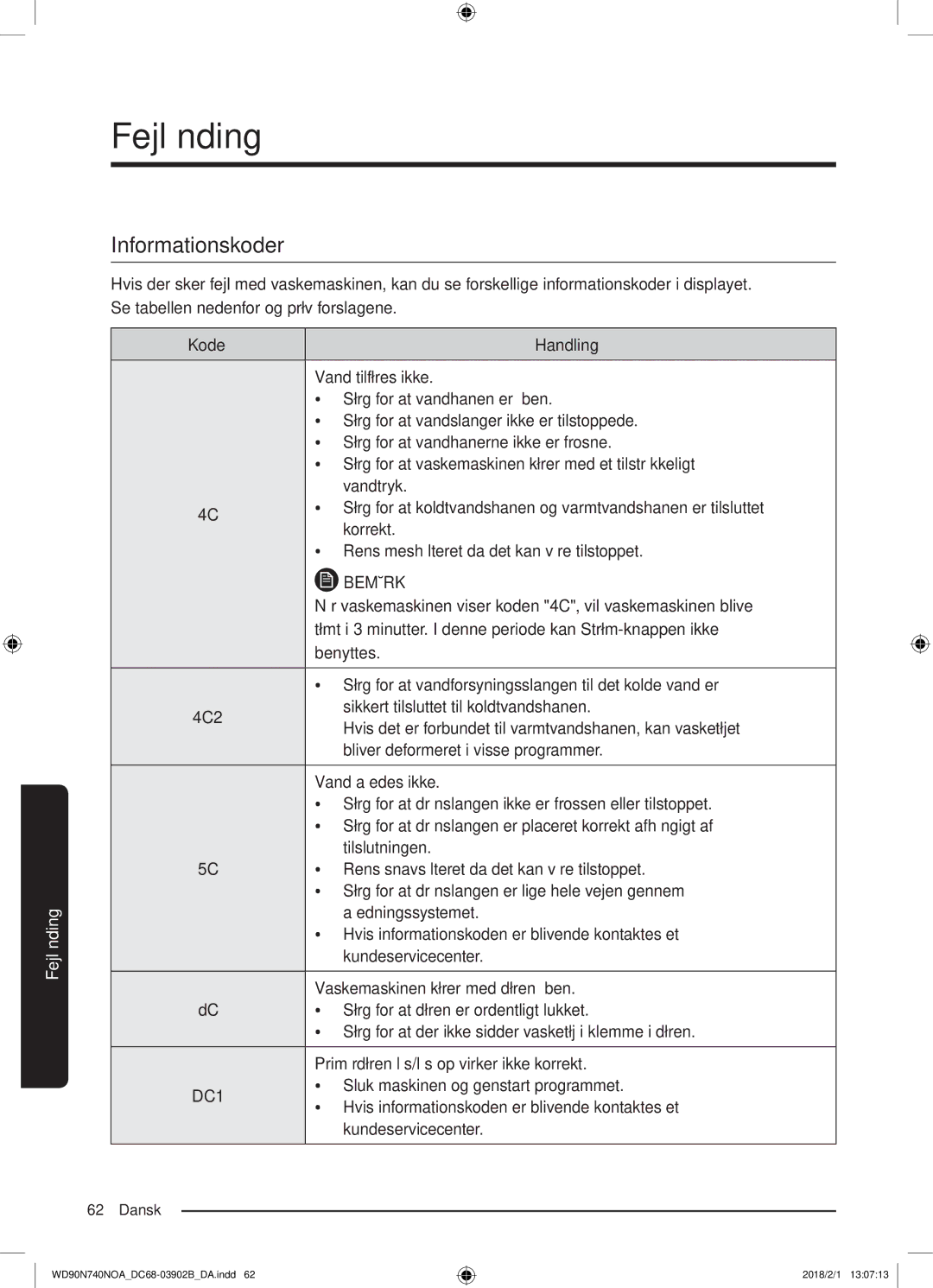 Samsung WD90N740NOA/EE manual Informationskoder, Bemærk 