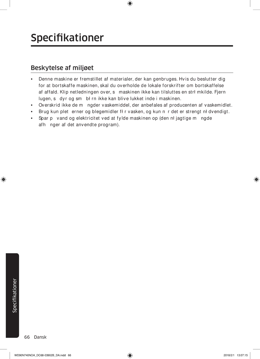 Samsung WD90N740NOA/EE manual Specifikationer, Beskytelse af miljøet 