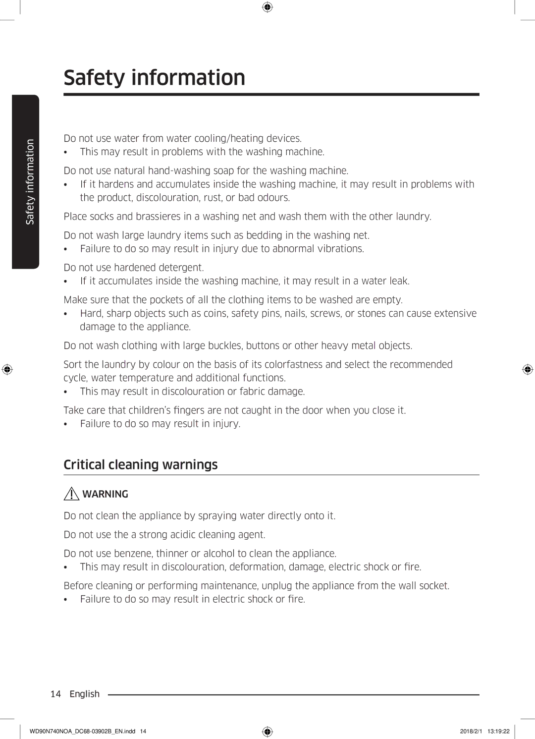 Samsung WD90N740NOA/EE manual Critical cleaning warnings 